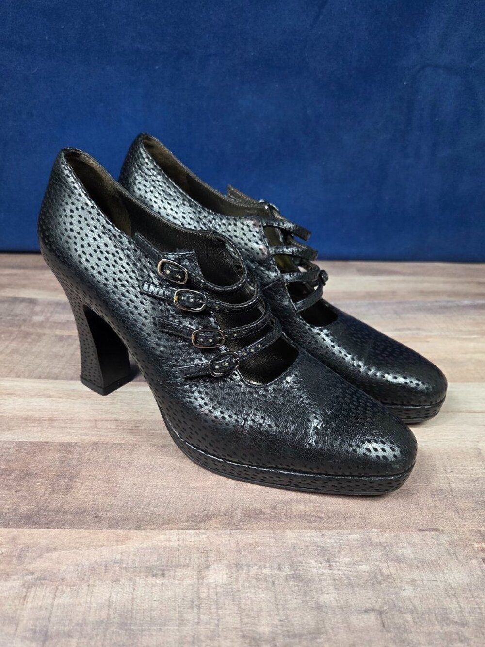 Salvatore Ferragamo Black Ostrich Multi-Buckle Heels